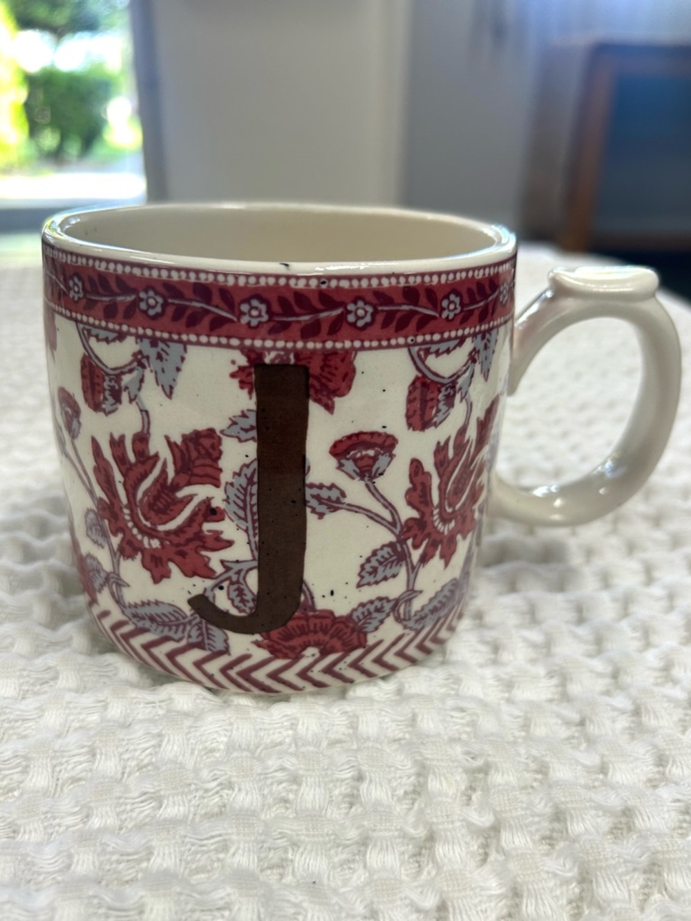 Anthropologie Burgundy Floral Monogram 'J' Mug Coffee Cup